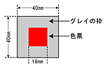 色票を窓枠の中に収めた図、縦40mm横40mmのグレイの枠に18mmの色票が収まっている